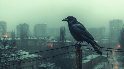 Fototapeta premium Skeletal Crow Perched Above Abandoned City Backdrop Depicting Harsh Conditions and Malnourishment