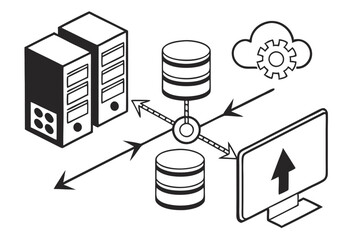 Database symbol, centralized storage icon, data convergence, black and white graphic, minimalist design, cylinders and arrows, information hub, network diagram, simplified tech illustration, data flow