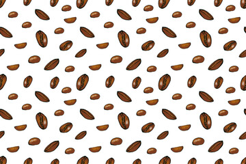 Coffee seamless pattern. Food background with brown roasted coffee beans on a white background. Watercolor hand drawn illustration in sketch style. Design for textile, packaging, web site