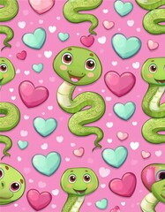 3D Cute cartoon green snake smile Pattern with Hearts seamless