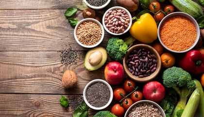 vegetables and spices. Background healthy food. Fresh vegetables, fruits, beans and lentils on wooden table
