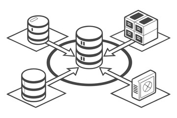 Database symbol, centralized storage icon, data convergence, black and white graphic, minimalist design, cylinders and arrows, information hub, network diagram, simplified tech illustration, data flow