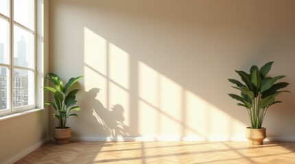 Modern contemporary loft empty room with beige tones wall. The Room has , parquet floor, plant, window