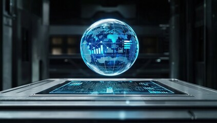 A holographic blue globe displaying glowing business graphs floats above a silver digital table
