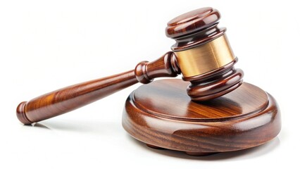 A wooden judge gavel and soundboard isolated on white background
