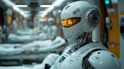 Fototapeta premium Futuristic Healthcare: Human-Like Robot Caring for Patients in Advanced Medical Facility