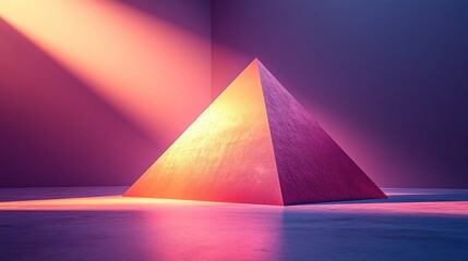 Illuminated pyramid, vibrant colors, smooth surface.