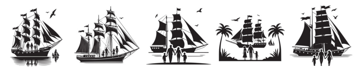 Vector collection of silhouettes of sailing ships anchored