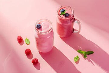 Two pink berry smoothies in mason jars with fresh fruits and mint