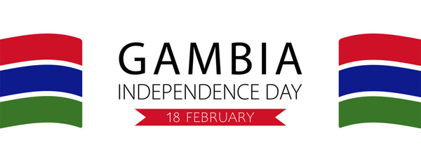 Gambia Independence Day, vector web banner design. Text Gambia Independence Day, 18 february and Gambian flags on white background.