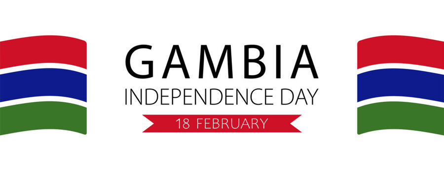 Gambia Independence Day, vector web banner design. Text Gambia Independence Day, 18 february and Gambian flags on white background.