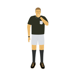 Obraz premium Football referee blowing whistle isolated on white background. 