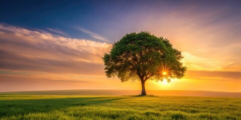 Naklejka premium Tranquil tree, peaceful landscape, serene nature's embrace.