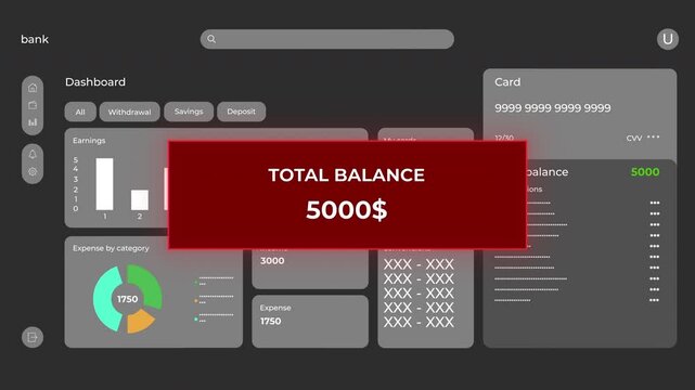 CGI template screen of banking software during hacker attack &ndash; loading malware script, transferring money to fraudster account, message in red box popping up upon theft completion