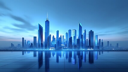 Obraz premium Modern skyscrapers of a smart city, futuristic financial district, graphic perspective of buildings and reflections - Architectural blue background for corporate and business brochure template