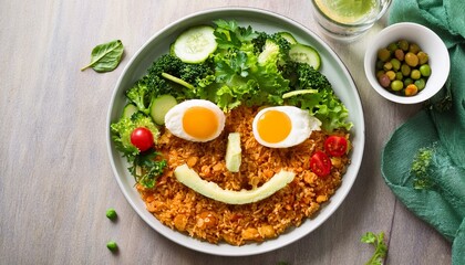 vegetables on the table. Happy face for kids. Healthy food with vegetables, egg and herbs. Funny breakfast or lunch