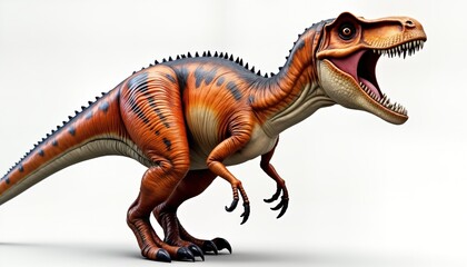 Fototapeta premium Raptor dinosaur stands with mouth open. Detailed, lifelike dino art. High-colored image perfect for educational prehistoric materials. Fierce, realistic predator design. Orange, brown stripes.