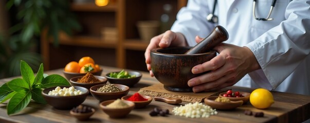 A doctor using a mortar and pestle with various herbs and spices in a warm kitchen setting.
