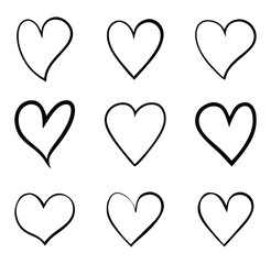 Set of 9 Unique  Hand Drawn Heart Icons Collection. Simple and Elegant Heart Outline Illustrations for Valentine's Day.  Hand-Drawn Heart Shapes Pack - Ideal for Cards and Invitations.