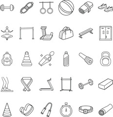 Fitness Equipment Icons Gym Workout Training Exercise Wellness Health