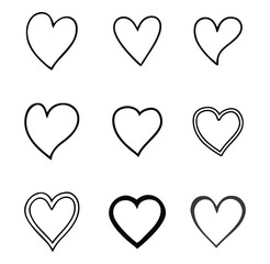 Set of 9 Unique  Hand Drawn Heart Icons Collection. Simple and Elegant Heart Outline Illustrations for Valentine's Day.  Hand-Drawn Heart Shapes Pack - Ideal for Cards and Invitations.