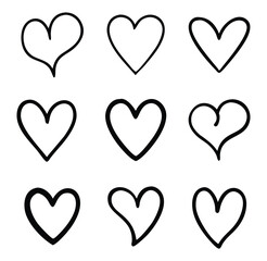 Set of 9 Unique  Hand Drawn Heart Icons Collection. Simple and Elegant Heart Outline Illustrations for Valentine's Day.  Hand-Drawn Heart Shapes Pack - Ideal for Cards and Invitations.