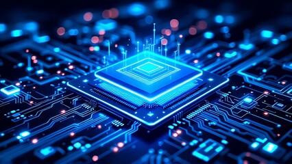 Abstract technology background of a quantum computing system with processor and electronic circuit. Artificial neurons, global data connections - Generative AI