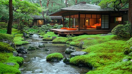 Serene Japanese Garden with Mossy Stream and Traditional House