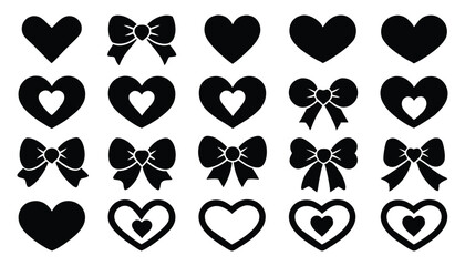 Heart and Bow Silhouettes Collection. Romantic Heart and Bow Shapes. Black and White Vector Art. Vector Pack for Creative Design