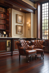 Create a sophisticated coffee shop with rich, dark wood furniture featuring ornate carvings, plush soft leather chairs in a deep, chestnut brown hue, and subtle ambient lighting 