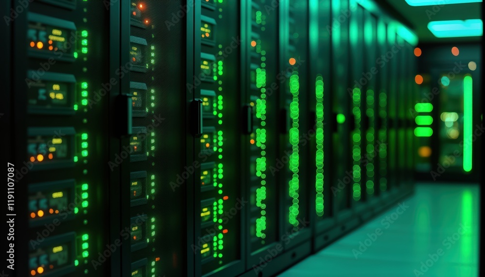 Poster close-up view of server cabinets with glowing green lights. dark room with rows of tech equipment. d