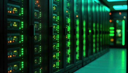 Close-up view of server cabinets with glowing green lights. Dark room with rows of tech equipment. Digital data processing in datacenter. Lots of server racks. High-tech server room. Modern