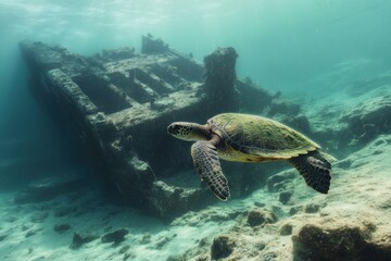 Obraz premium Professional underwater photo of sea turtle near ancient shipwreck