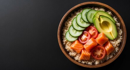 Top view of vibrant wooden bowl features fresh salmon slices, cucumber, tomato and avocado arranged artistically over a bed of rice, colorful and healthy meal option. Black background, space for text