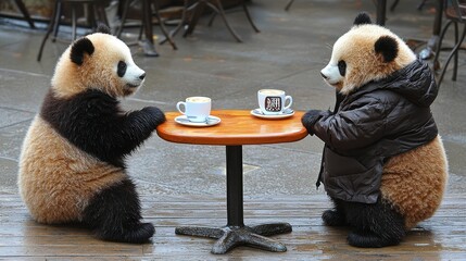 Two Adorable Pandas Enjoying Coffee at an Outdoor Cafe