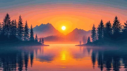 Obraz premium Majestic sunset over misty lake and mountains.