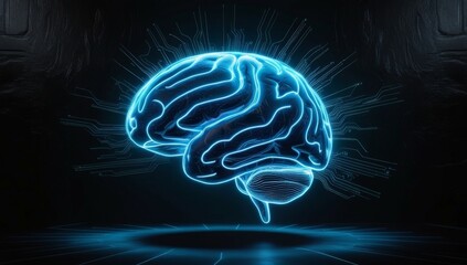Glowing neon blue illustration of a human brain stands against a dark textured background