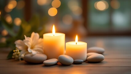 Zen stones, candles and white flower on beige background witn copy space, wellness and harmony, massage and bodycare, spa and wellness concept