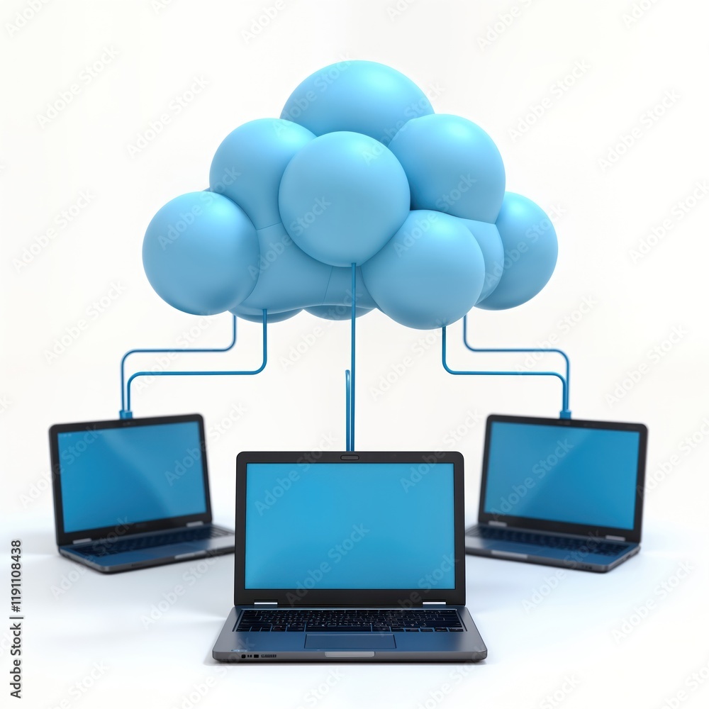 Poster multiple laptops connected to light blue cloud graphic representing cloud computing. data storage, a