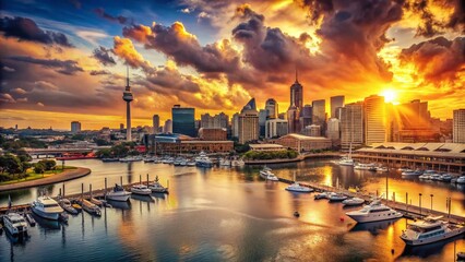 Fototapeta premium Sydney Darling Harbour Sunset Panorama - Vintage Australian Photography