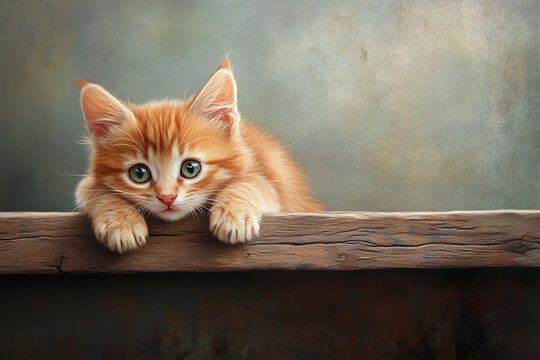 a kitten is sitting on a wooden ledge - Powered by Adobe