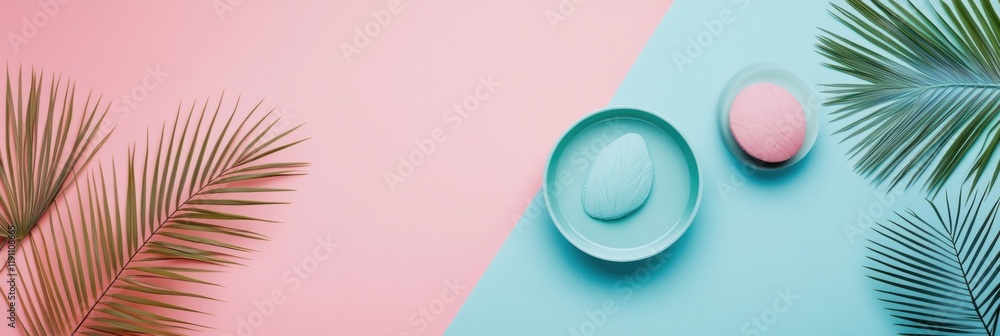 Poster stylized composition with tropical leaves and pastel colored objects on split colored background. ge