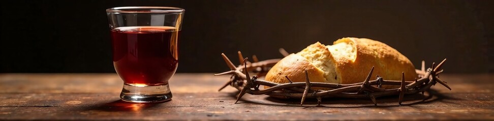 A symbolic representation of communion with bread and wine on a rustic wooden table.