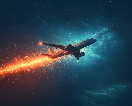 Dreamlike Airplane Soaring Through Glittering Starry Sky Blending Fantasy and Aviation