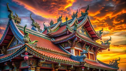 Naklejka premium Thailand Sunset: Golden Hour at a Chinese Temple - Macro Photography