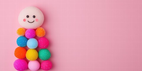 Obraz premium A cheerful character made of colorful pom-poms on a pink background, evoking a playful and vibrant atmosphere.