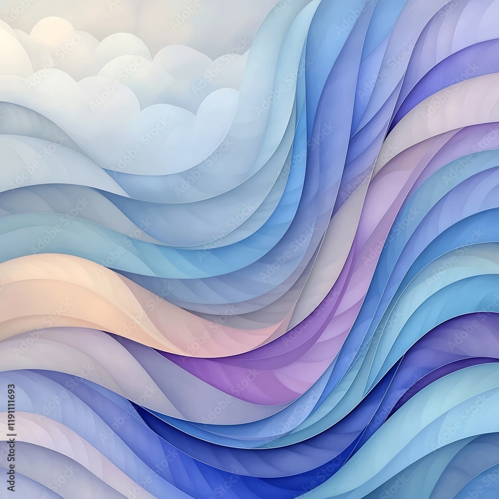 Poster serene flowing curves and brushstroke patterns in tranquil lavender and blue hues abstract expressio