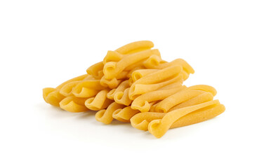Casarecce pasta isolated, dry traditional macaroni, raw casarecce, wheat noodles, Italy cuisine...