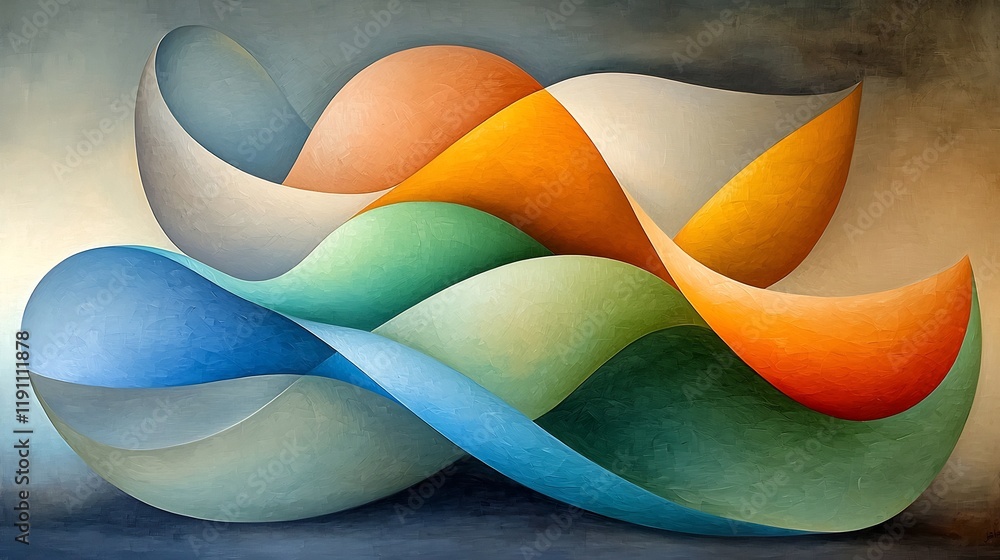 Poster dreamy abstract landscape with intertwining curved lines and fluid brushstrokes in muted tones ether