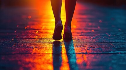 Sunset Stroll: A Silhouette of Feet Walking on a Wet Pavement at Dusk